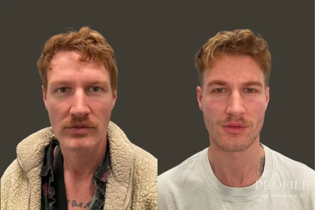 Before and after frontal view of male patient showing dermal filler results