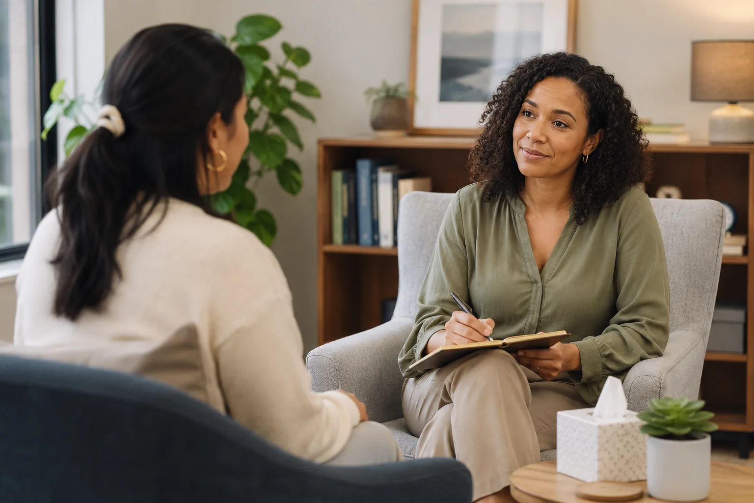 A therapist takes notes while listening attentively to a client during a counseling session in a cozy office