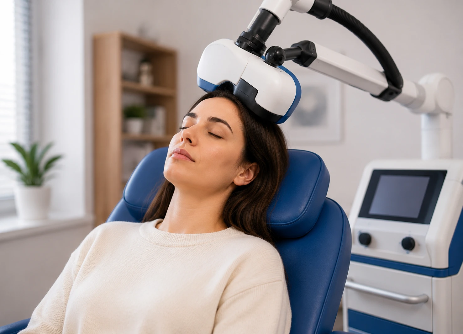 A relaxed woman reclines in a treatment chair with a TMS therapy device positioned over her head in a calm cli