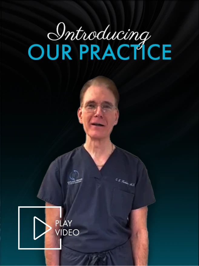 Male provider in dark scrubs with text 'Introducing OUR PRACTICE' and play video button
