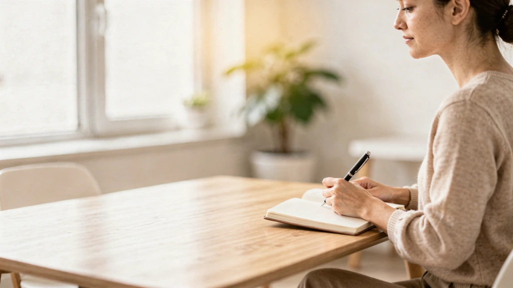 Woman writing in a notebook at a wooden table during a coaching session