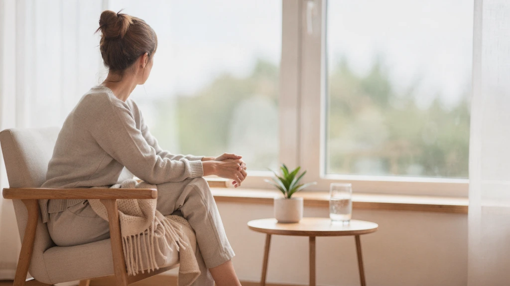 Woman sitting in a comfortable chair gazing out a large window in a bright, calm therapy office