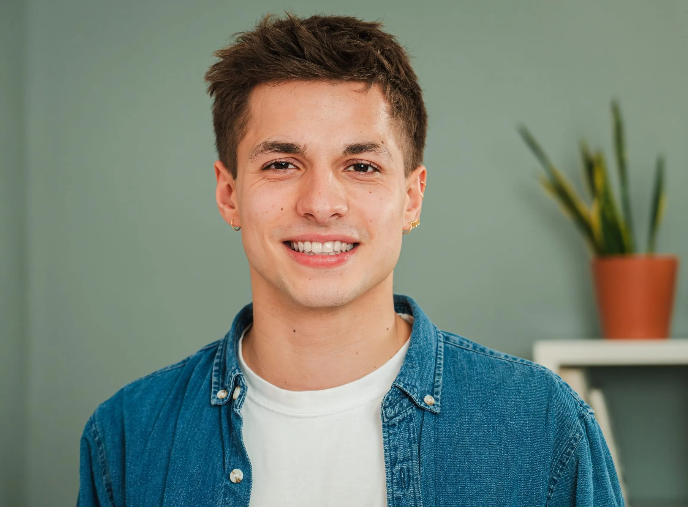 Young man smiling at camera wearing denim shirt against green background