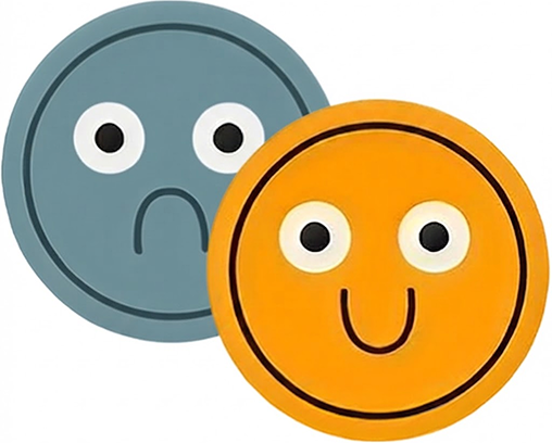 Sad gray face and happy orange face side by side representing mood contrast