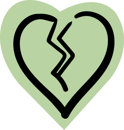 Green heart with jagged lightning bolt through center representing heartbreak or emotional pain