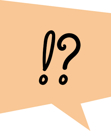 Peach speech bubble with exclamation and question marks representing confusion or concern