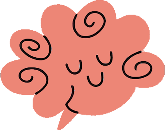 Coral-colored brain icon with curved line design elements