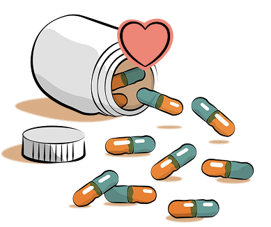 Medication bottle tipped over with capsule pills spilling out and a red heart floating above