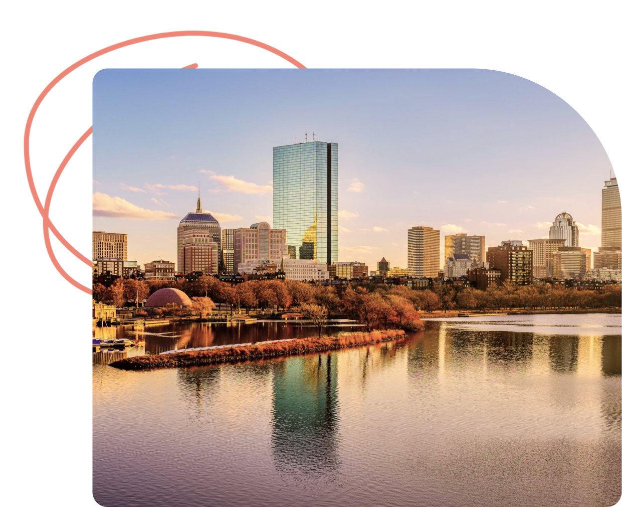 Boston skyline with tall buildings reflecting in Charles River at sunset
