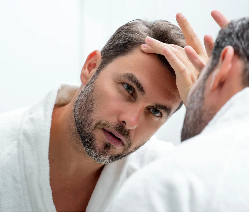 Man examining his hair in mirror after treatment