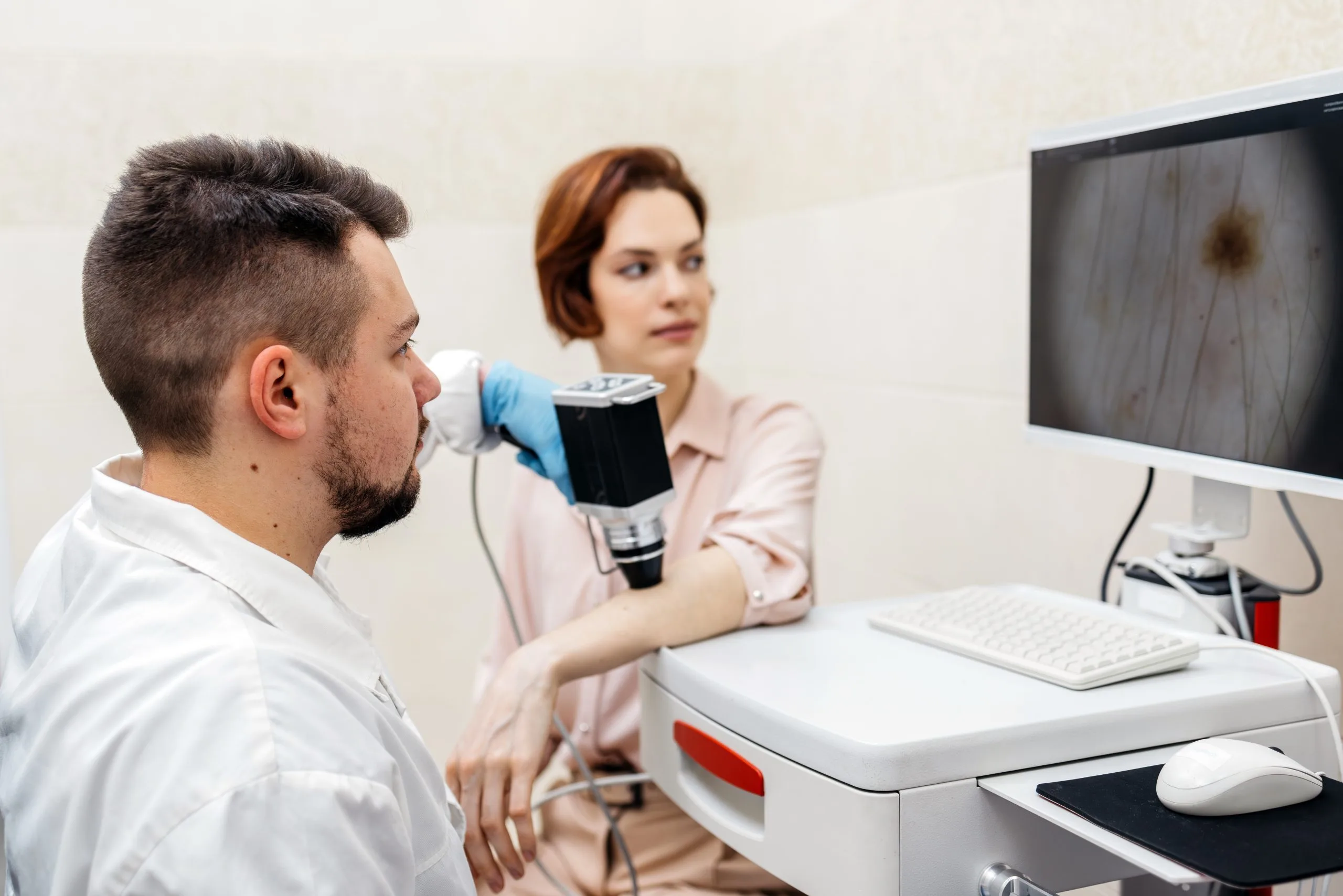 Dermatologist using handheld dermoscope device to examine patient's skin while monitoring display screen