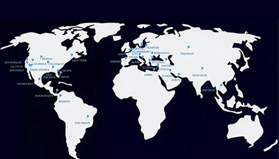 World map with blue location markers indicating global treatment centers