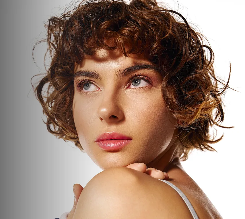 Woman with curly brown hair looking over shoulder, touching skin