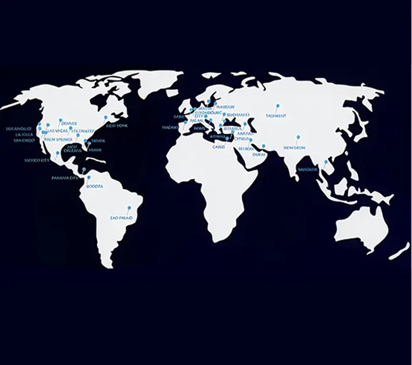 World map with Regeneris Cosmetic Surgery locations marked across North America, Europe, and Asia