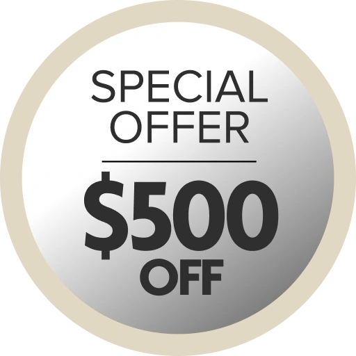 Special offer badge displaying $500 off in beige circle