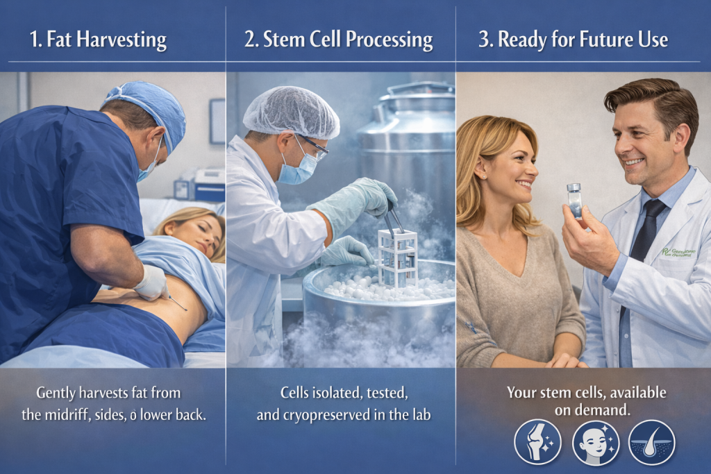 Three-step stem cell banking process: surgeon harvesting fat, technician processing cells in lab, patient receiving stem cell treatment from doctor