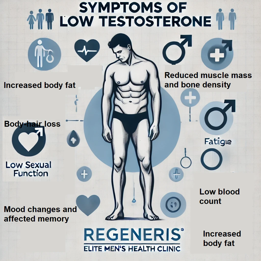 Infographic displaying symptoms of low testosterone including increased body fat, fatigue, and reduced muscle mass with male figure center, REGENERIS Elite Men's Health Clinic logo