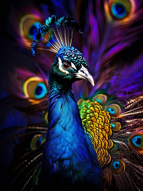 Close-up of a vibrant blue peacock with iridescent feathers and eye-spot patterns illuminated in purple and gold tones