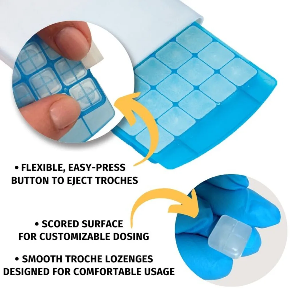 Blue medication applicator with flexible button, scored surface for customizable dosing, and smooth troches for comfortable sublingual use