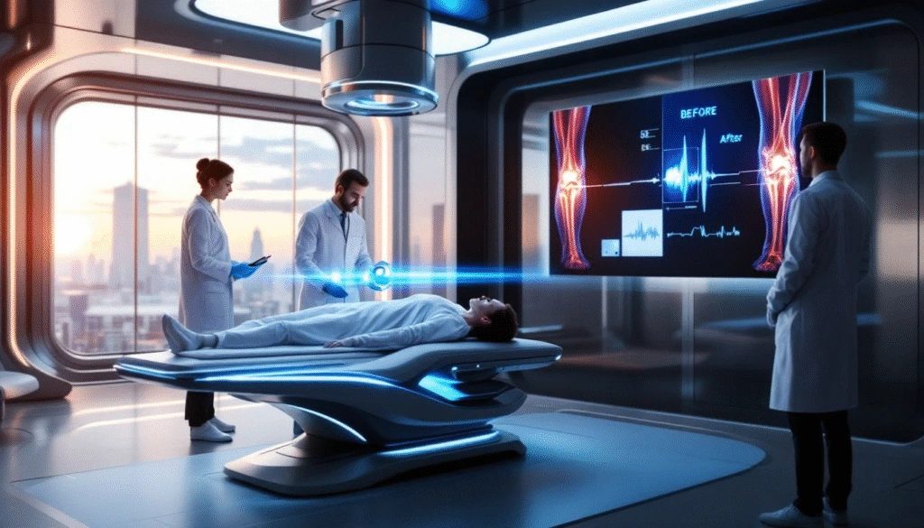Futuristic medical room with clinicians treating patient on specialized bed, display screen showing before and after diagnostic imaging