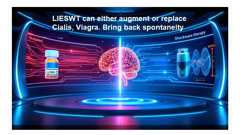 Text overlay on neon-lit brain graphic: LIESWT can either augment or replace Cialis, Viagra. Bring back spontaneity, with medication bottle on left and shockwave therapy device on right