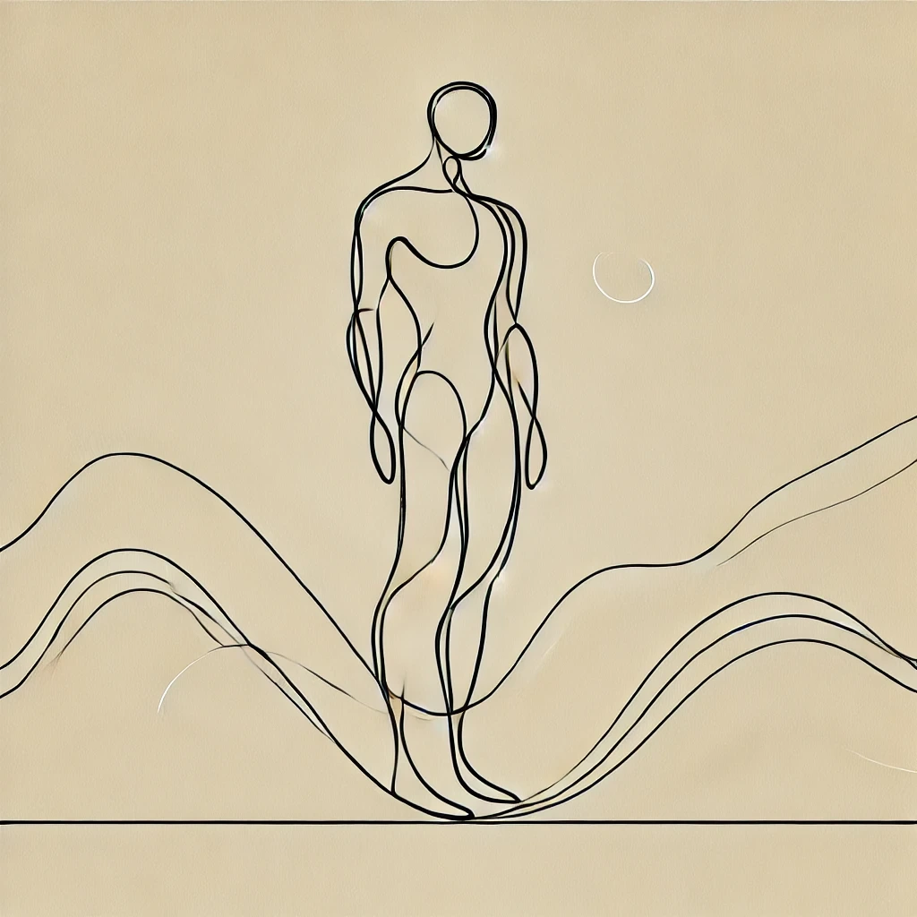 Minimalist line drawing of male figure with circulatory system overlay on tan background