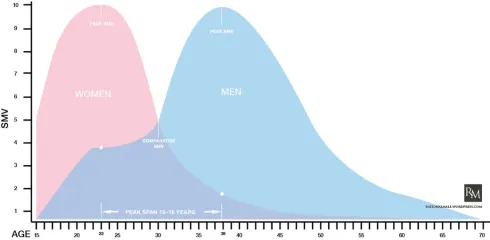 Overlapping distribution curves comparing sexual market value (SMV) by age and gender, with separate peaks for women and men across the lifespan