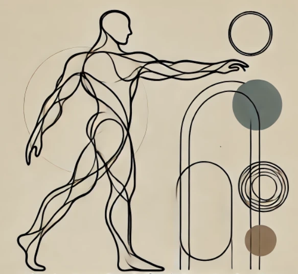 Line drawing of male figure with vascular and muscular system visible alongside abstract circular design elements