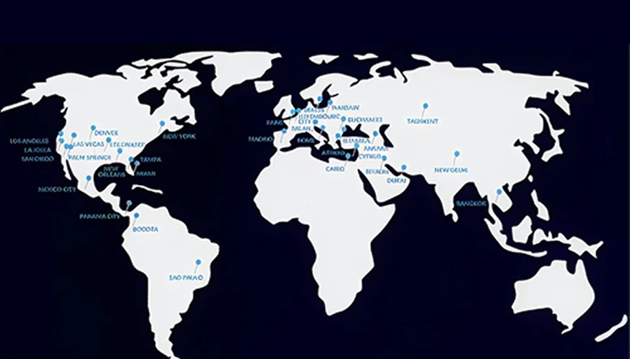 World map with labeled cities and blue location markers indicating service areas