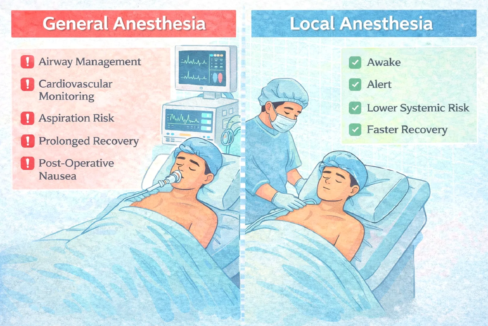 Comparison chart: general anesthesia risks listed left with monitoring equipment; local anesthesia benefits listed right with patient awake during procedure