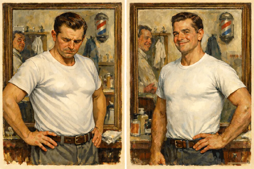 Before and after vintage-style portraits of man in white t-shirt showing abdominal muscle definition improvement