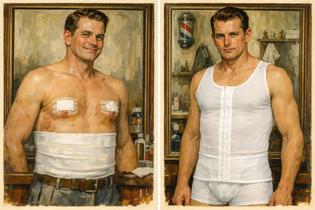 Man with chest bandages after surgery beside same man healed in white compression tank top