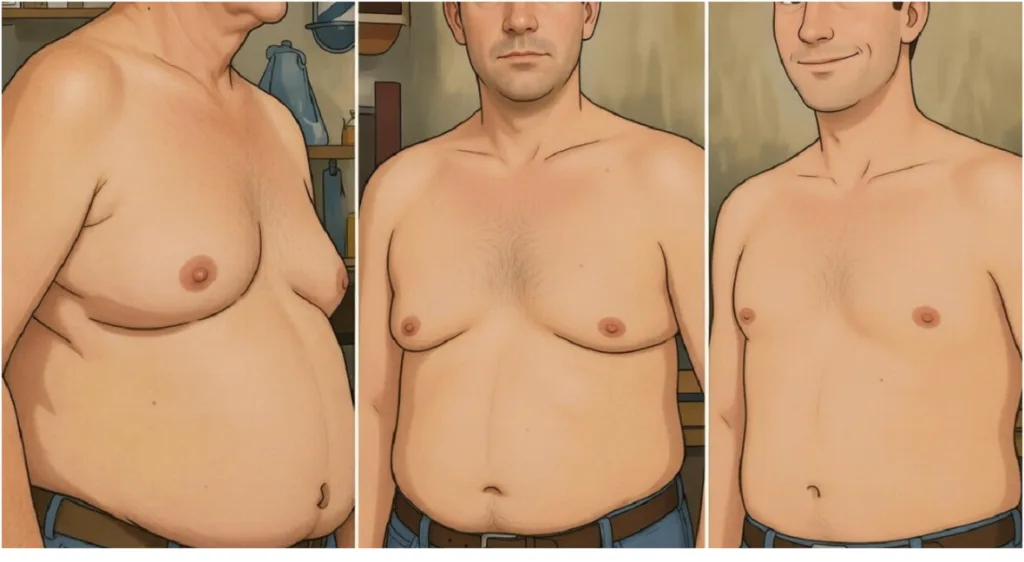 Three anatomical illustrations showing male chest transformation from gynecomastia to sculpted pectoral definition