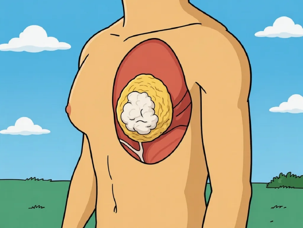 Anatomical illustration showing gynecomastia condition with glandular tissue highlighted in cross-section