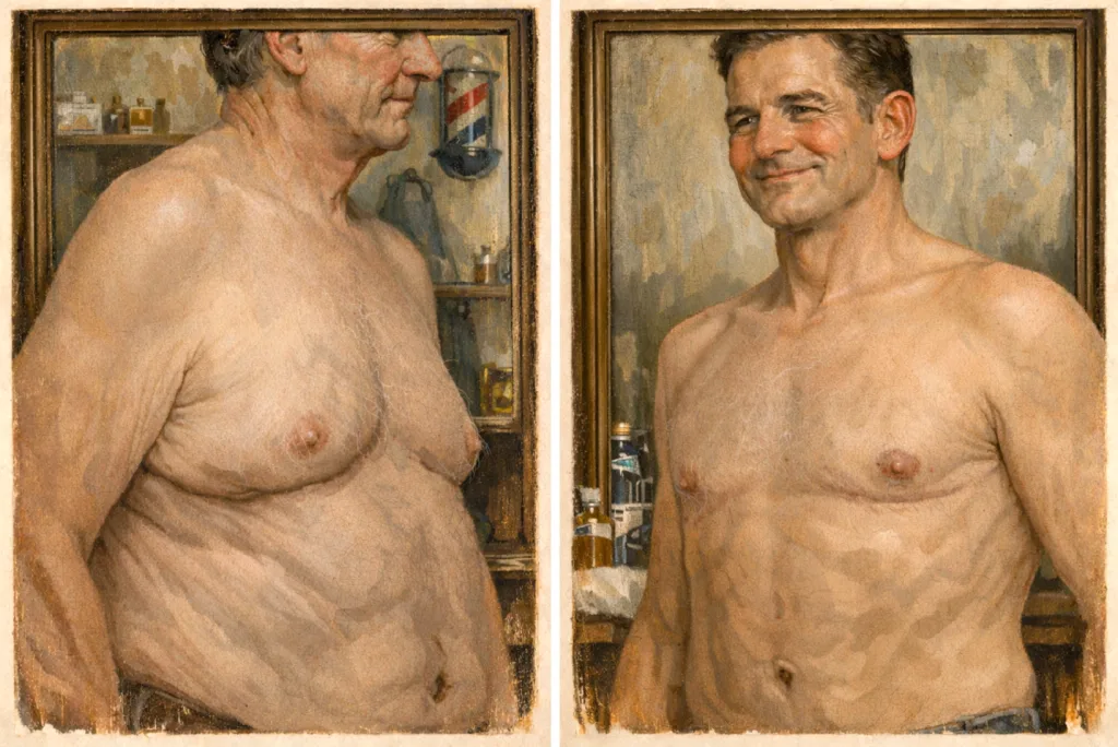 Before and after images of man showing weight loss and body contouring results