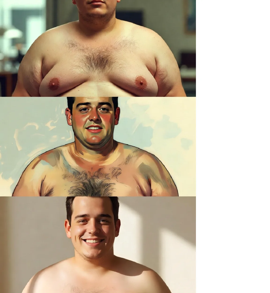 Before and after progression images showing weight loss and body composition changes