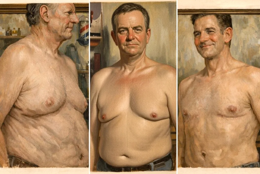Three-view before and after comparison of weight loss and body transformation results