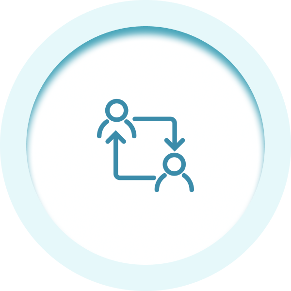 Two person icons connected by arrows in a square pattern representing patient referral or transfer