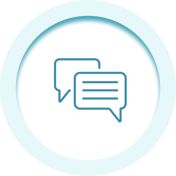 Two overlapping speech bubbles with horizontal lines representing conversation or communication