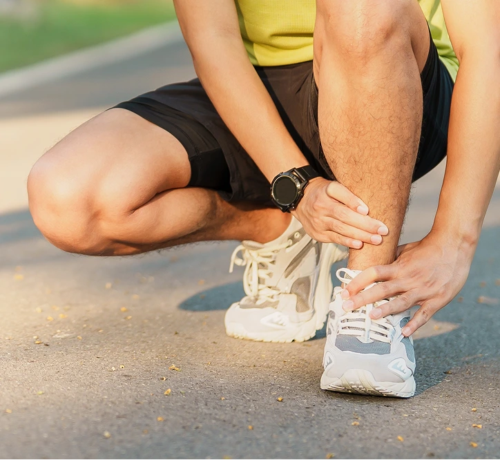 Runner crouching and holding leg showing discomfort or injury pain
