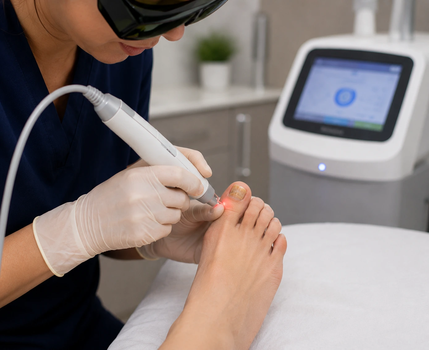 Clinician in gloves using PinPointe laser device on patient's fungal toenail with treatment console visible