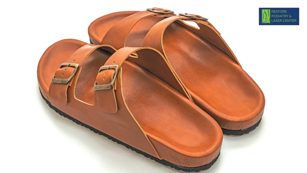 Pair of tan leather sandals with buckle straps and cork-style soles