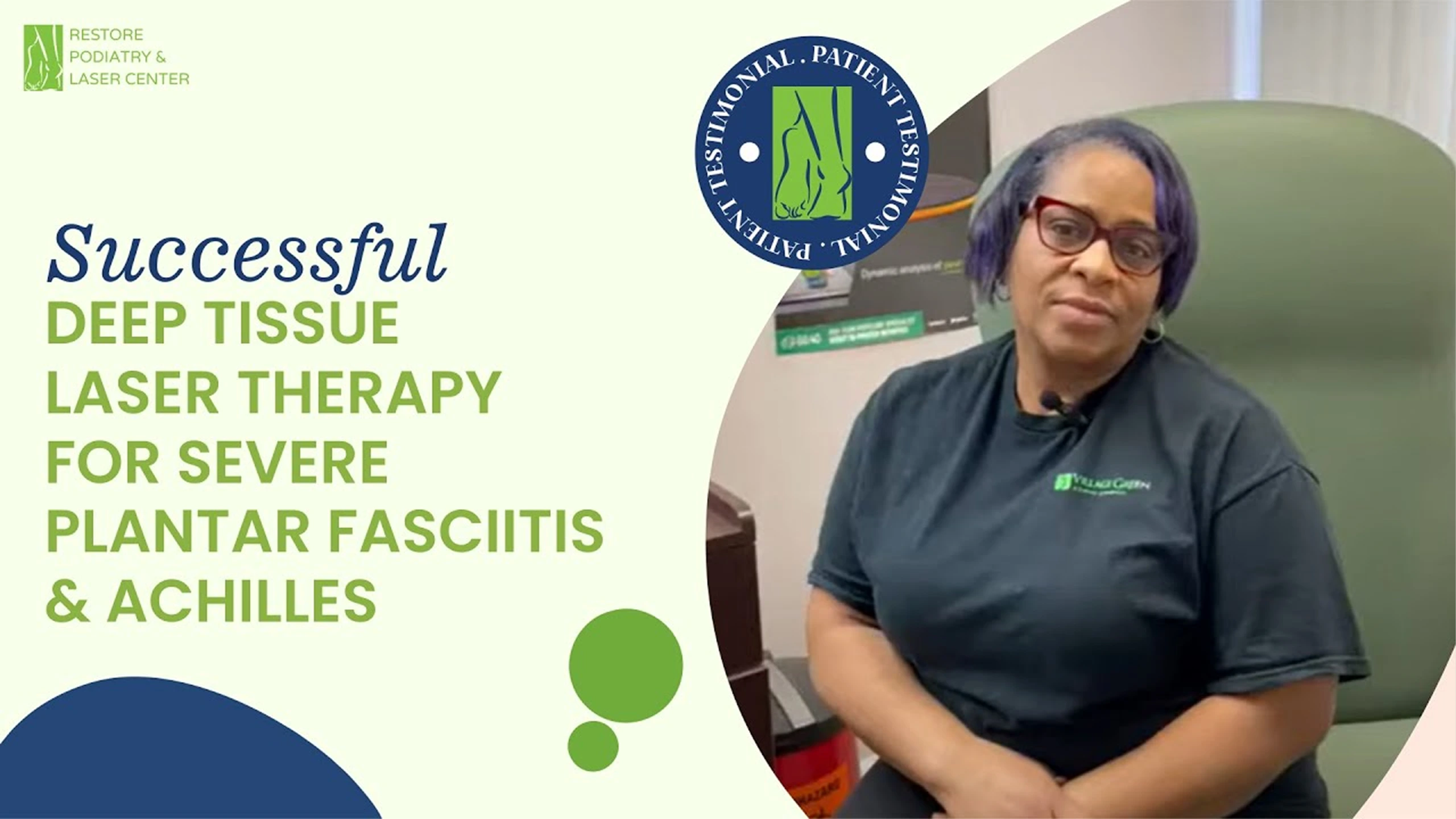 Patient in Restore Podiatry clinic after successful deep tissue laser therapy for severe plantar fasciitis and Achilles pain