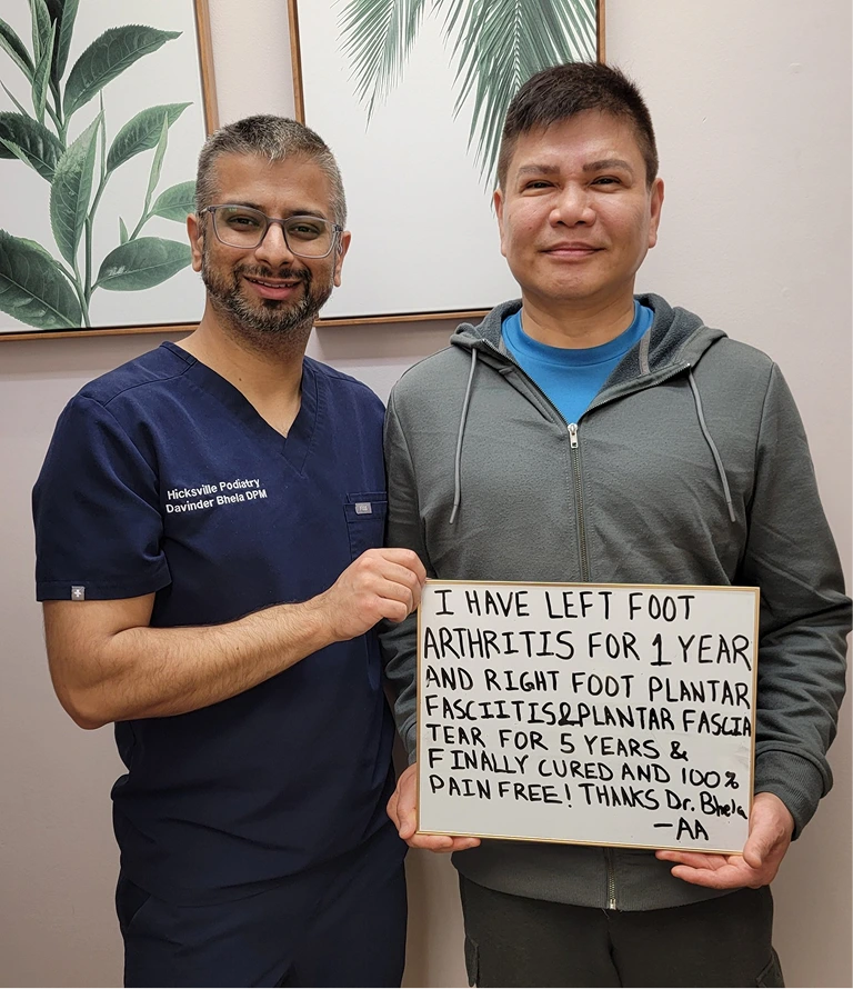 Podiatrist Dr. Davinder Bhela with patient holding testimonial about foot arthritis and plantar fasciitis treatment results