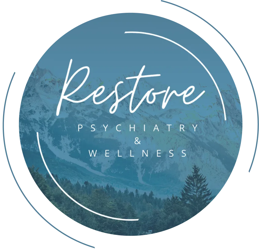 Restore Psychiatry and Wellness circular logo badge