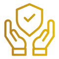 Yellow icon of two hands holding a protective shield with checkmark