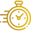 Yellow icon of a clock with motion lines indicating quick treatment time