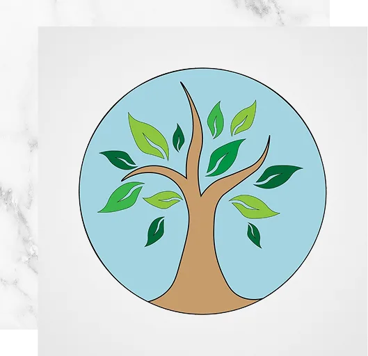 Stylized tree with green and yellow leaves on light blue background