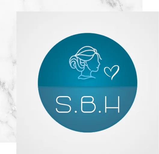 S.B.H logo with teal circle, profile outline, and heart icon