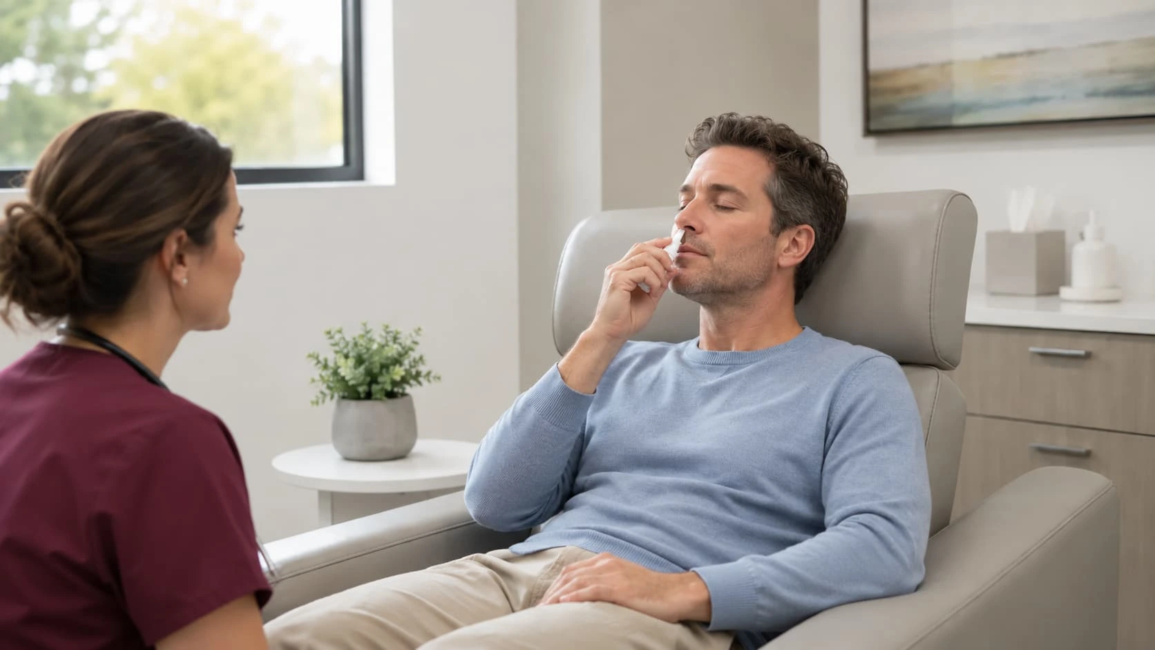 Patient receiving Spravato nasal medication during a supervised session at Scottsdale TMS & Spravato clinic